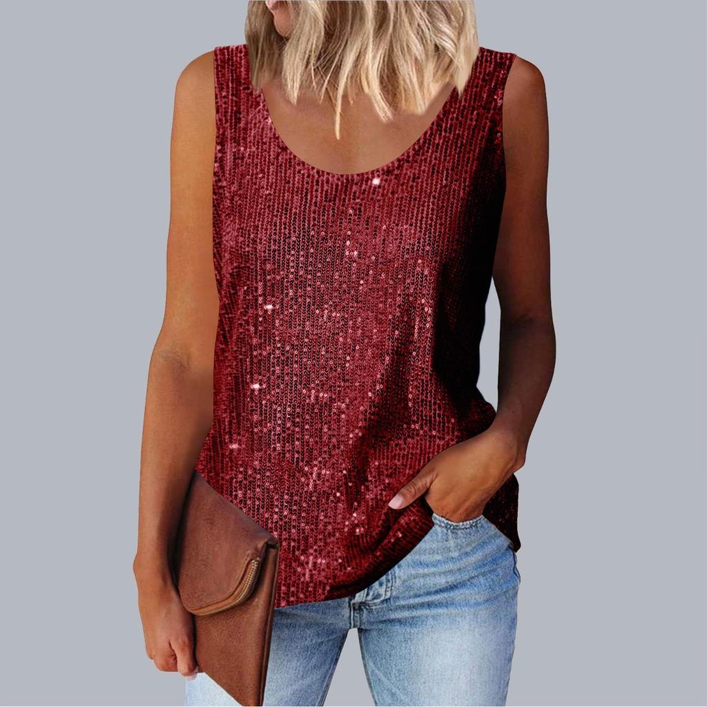 Women's Top, Commuting Sequins, Loose Fitting, Round Neck Vest, Comfortable and Casual