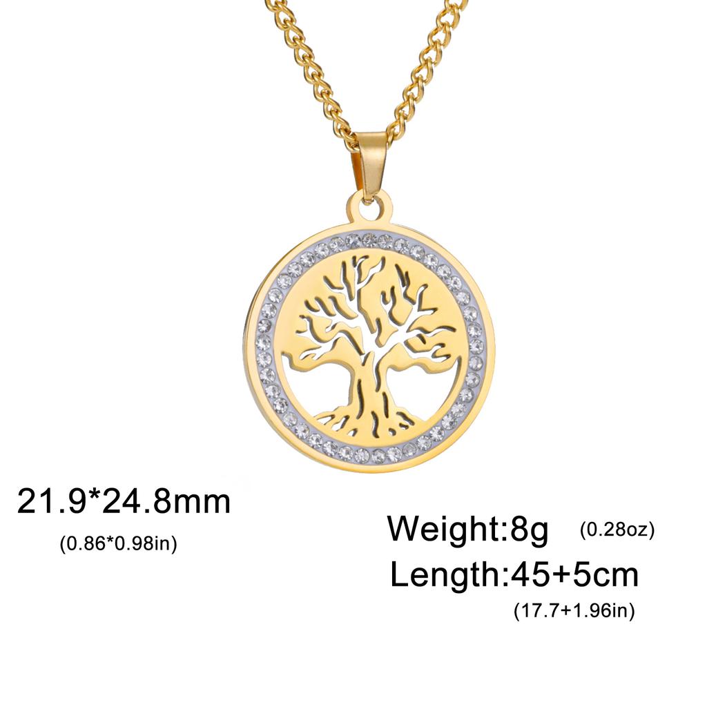 Tree of Life Clear Zircon Round Pendant Necklace Women Stainless Steel Gold Color Neck Chains Luxury Jewelry Wedding Gift
