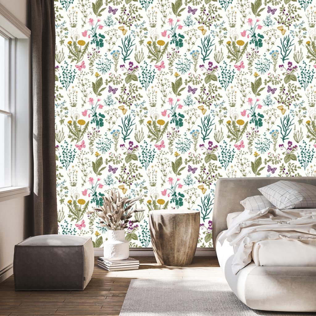 Wild Flowers with Butterflies Wallpaper for Living Room and Bedroom 50x1000