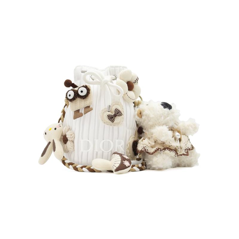 DIOR DIY Style Cosmetic Bag Canvas Plush Puppy Cute Braided Chain Versatile Everyday Commuting Crossbody Haute Couture Bucket Storage белый