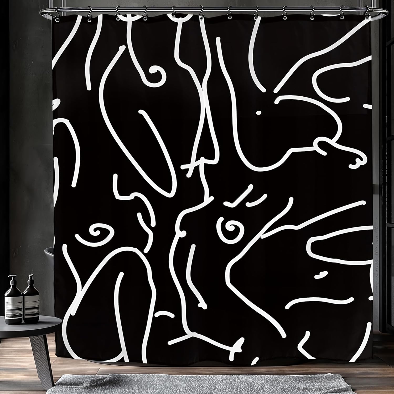 

Abstract Women Face Bathroom Shower Curtain Minimalist Modern Line Art Black White Rose Contemporary Polyester Fabric Hooks W60H190(CM)-1 Pcs
