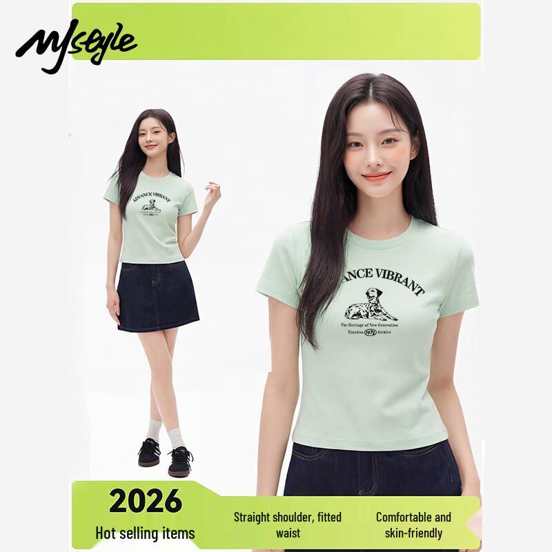 MJ STYLE Women s Round Neck Short Sleeve T-Shirt with Retro Dog Print M