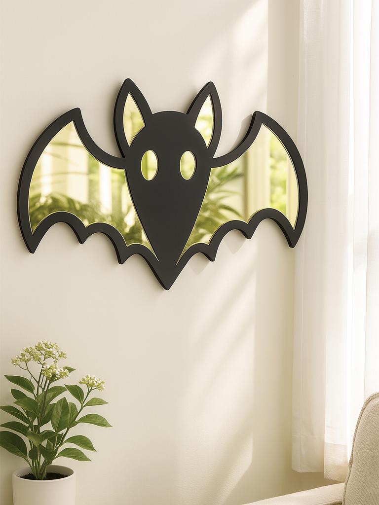 Acrylic Halloween Bat Shape Wall Mirror, Wooden Black Frame Wall Hanging for Living Room Bedroom, Spooky Aesthetic Wall Ornament