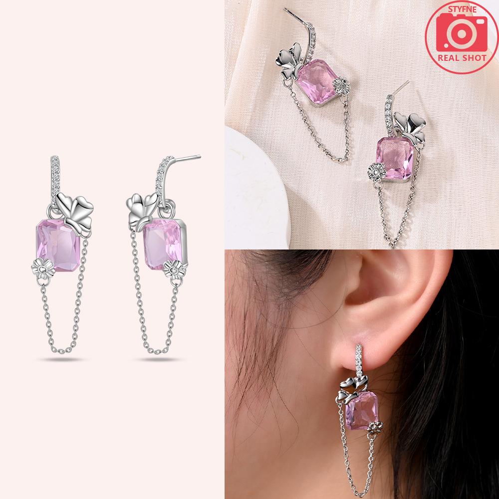 Earrings Pink Zircon Fringed Butterfly Flowers 925 Silver Stud Earrings Jewelry Women Luxury Accessories Gift
