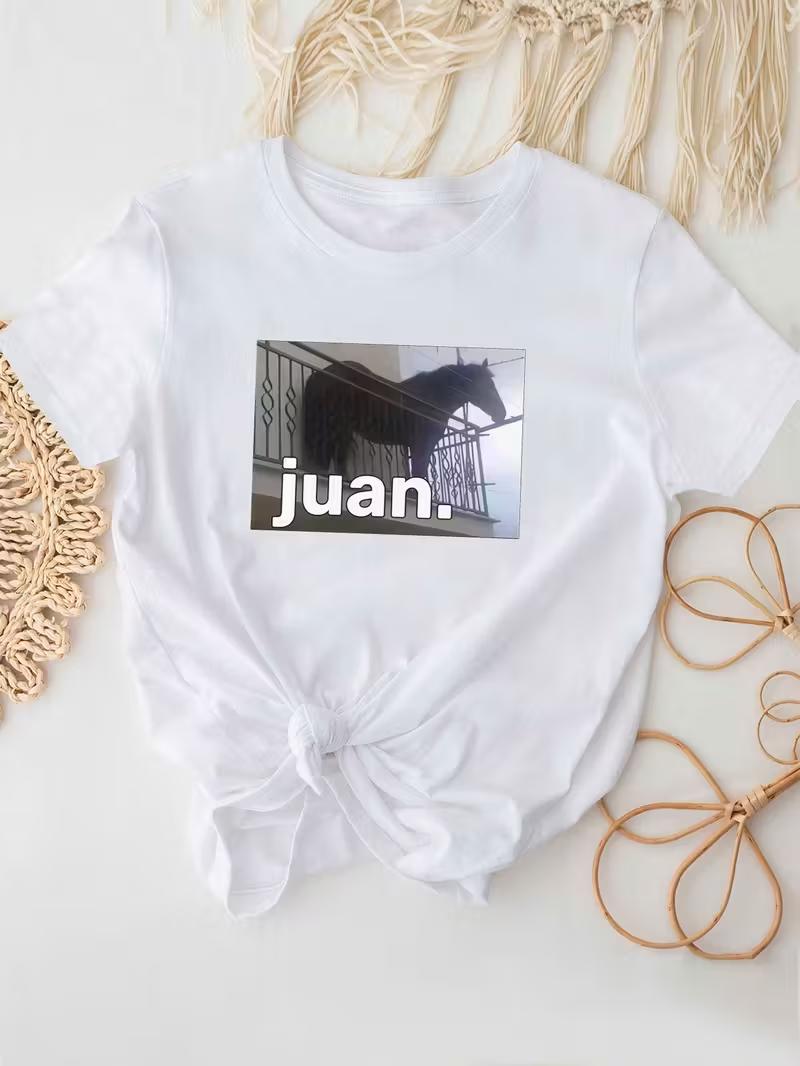 Camiseta casual feUnisexina camiseta humorística pony estampada camiseta suelta blusa grande Popula S