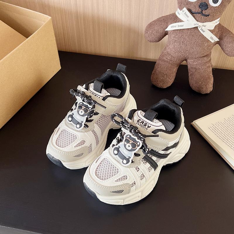 Kids Sneakers Breathable Mesh Hook&loop Boys Girls Running Shoes Cute Bears 2025 New Fashion Children Sports Shoes Soft Sole