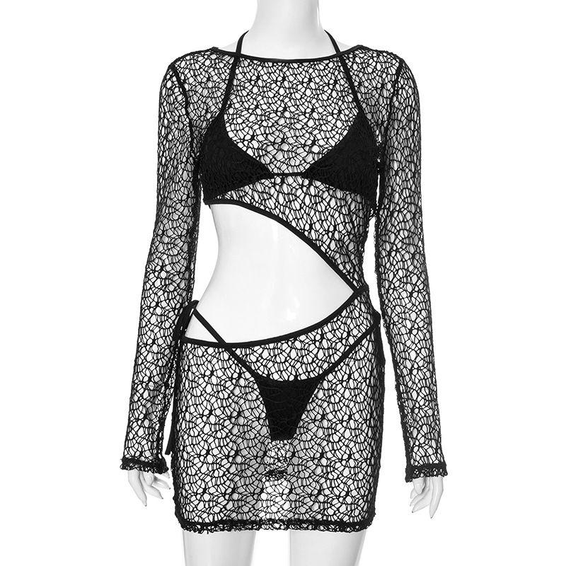 

Europe and America Cross Border Summer New Arrival Women s Clothing Cut Out Sexy See-through Knotted Short Three-Piece Beach Bikini Suit Black L