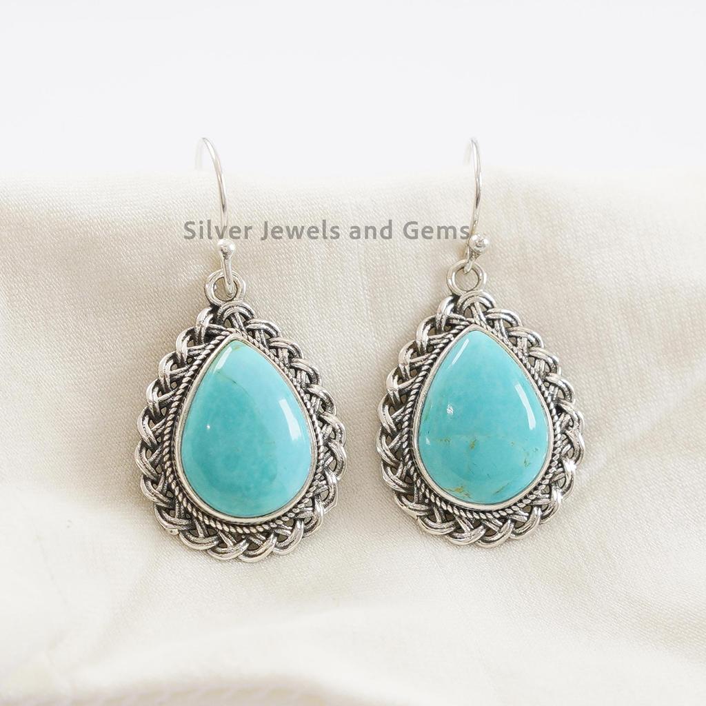 Natural Turquoise Earrings, Teardrop Arizona Turquoise Boho Earrings, 925 Sterling Silver Earrings, Wedding Earring