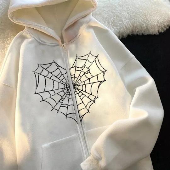 Colored Spider Web Street Hip Hop Gothic Harajuku Y2k Black Zipper Hoodie Women, Harajuku Jacket Sweater Women