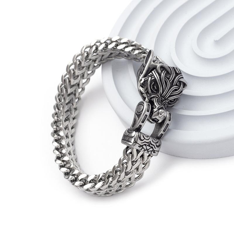 Viking Wolf Head Titanium Steel Cuff Bracelet Double Layer Retro Wide Bangle for Men Bold Personality Jewelry 19cm
