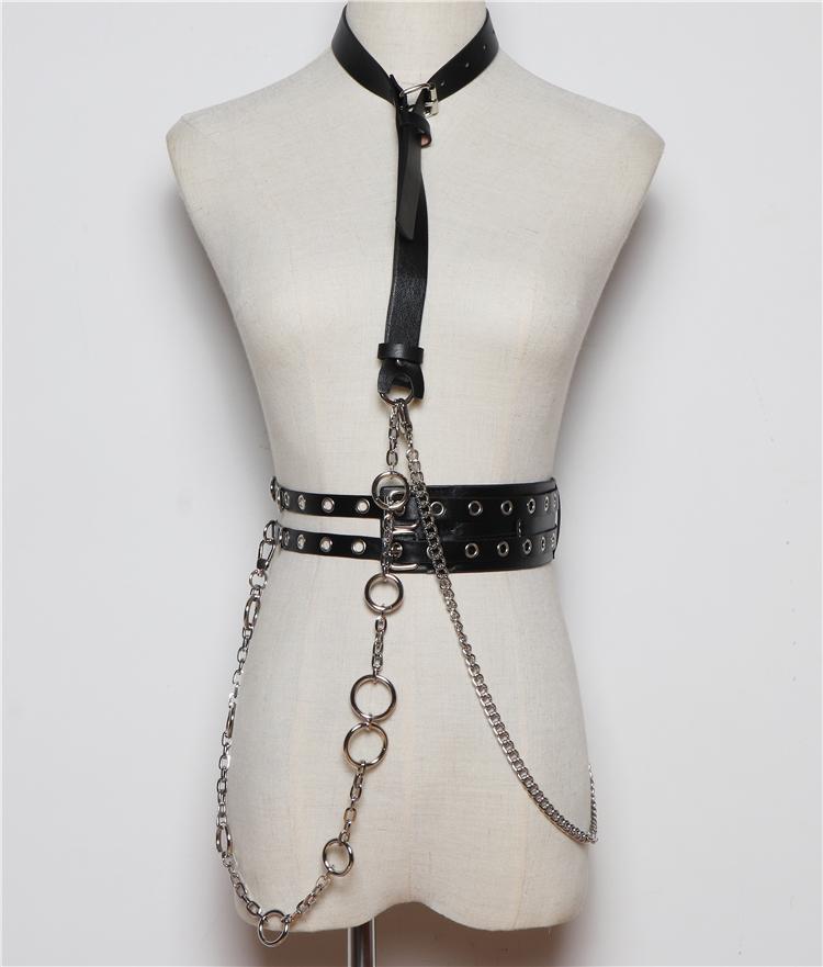 Hip Hop Detachable Metal Chain Leather Shoulder Strap Wide Belt Women Techwear Style Rivet Goth Punk Leather Belt Corset