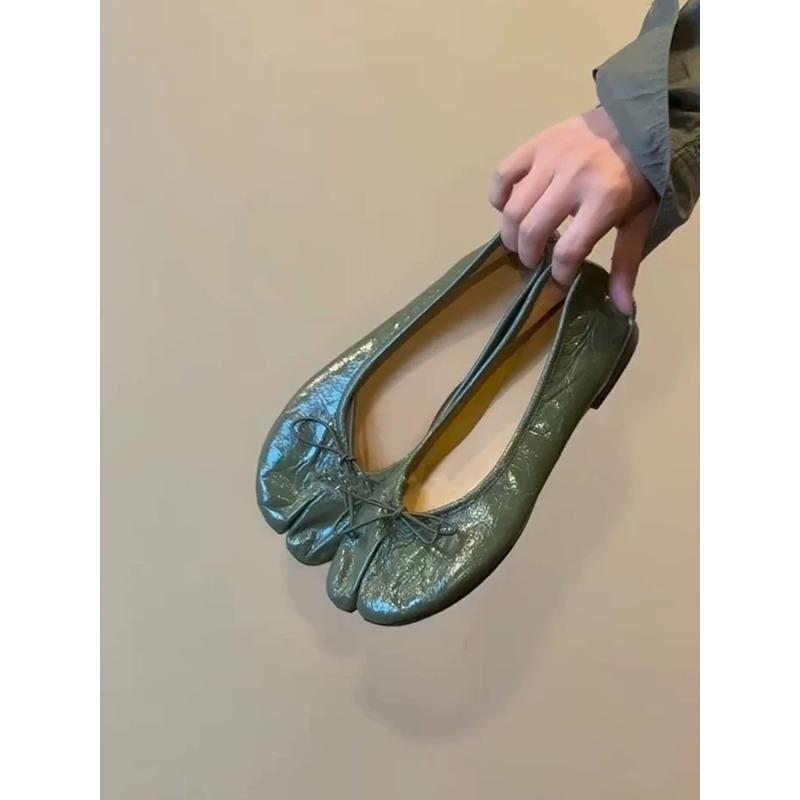Cowhide Version~ Retro Niche Bow Split-toed Shoes Flat Ballet Shoes Women's Spring and Autumn Versatile Single Shoes