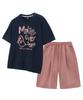 MOZMOZ [Set] Ghost Drawing Short Sleeve + Double Cotton Wide Single-Pleat Shorts Set-Up Navy