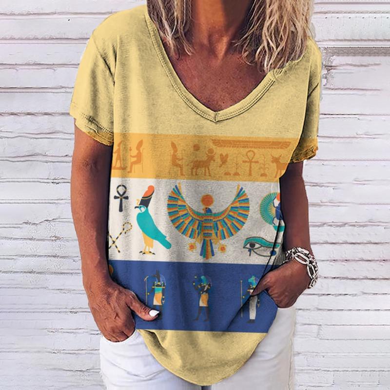 Summer T Shirt For Women 3d Fashion Geometric Print V Neck Short Sleeve Basic Tops Streetwear Casual Oversized Female Clothing