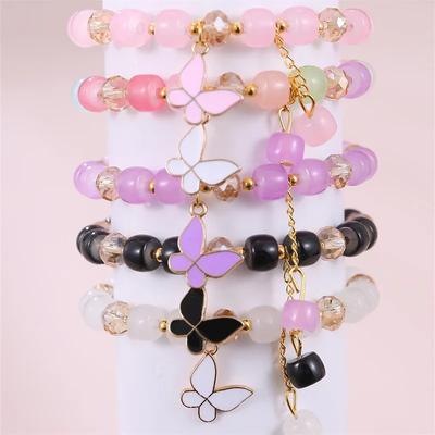 Colorful Butterfly Charm Beaded Stretch Bracelet For Women Multi Color Crack Faceted Beads Round Charm Cute Girls Jewelry Gift