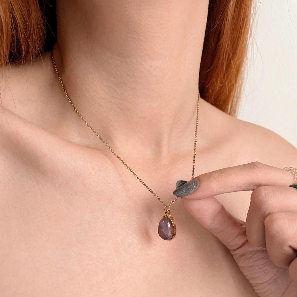 Plated 18K Gold Green Stone Necklace Purple Gold Collarbone Chain Women