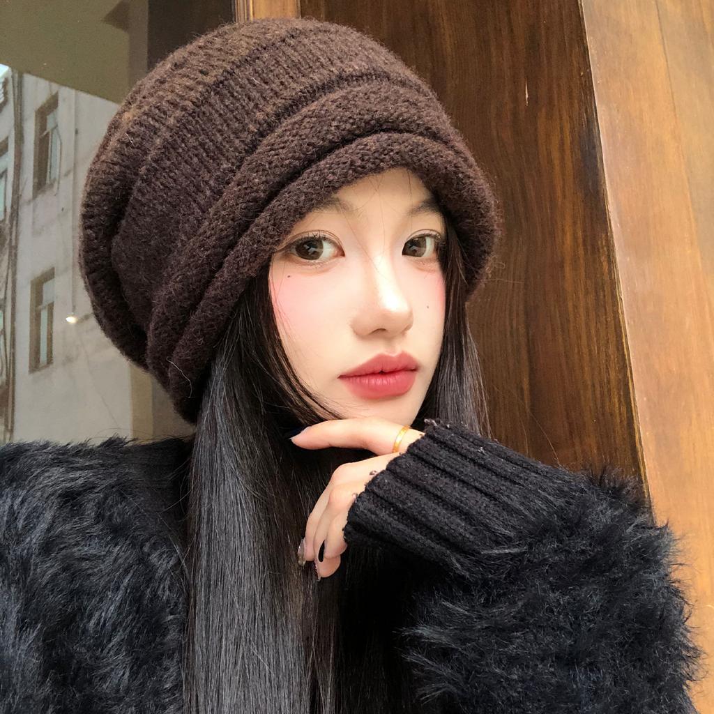 Big head circumference coffee-colored knitted stacking hat Children's autumn and winter warm face small cold hat Versatile warm plain head hat