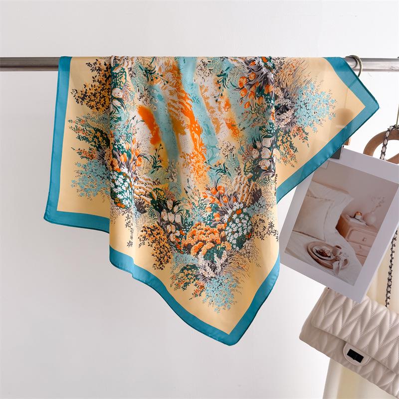 Elegant Spring Floral Silk-Blend Square Scarf - Headscarf & Neck Protection Neckerchief for Women