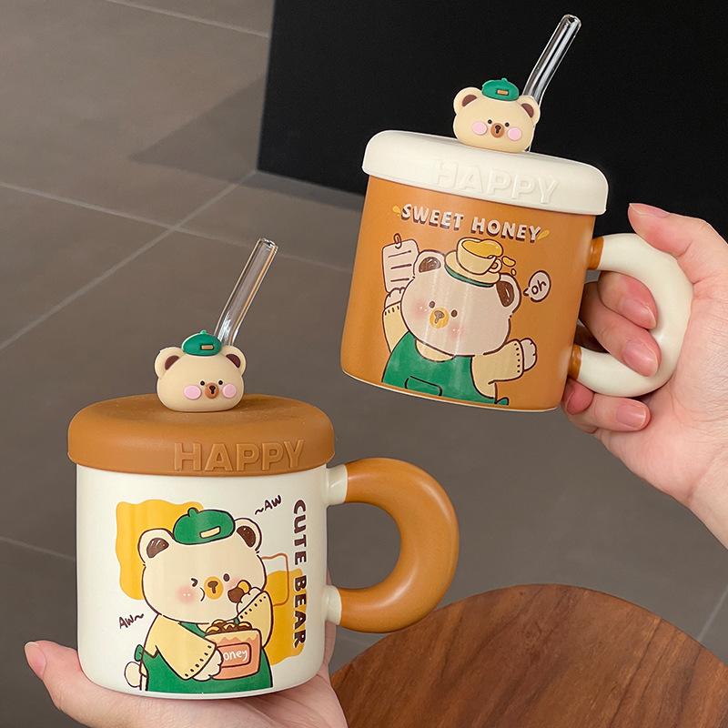 Cute Ceramic Cup With Lid Household Cartoon Couple Water Cup Gift Box High Value Souvenir Creative