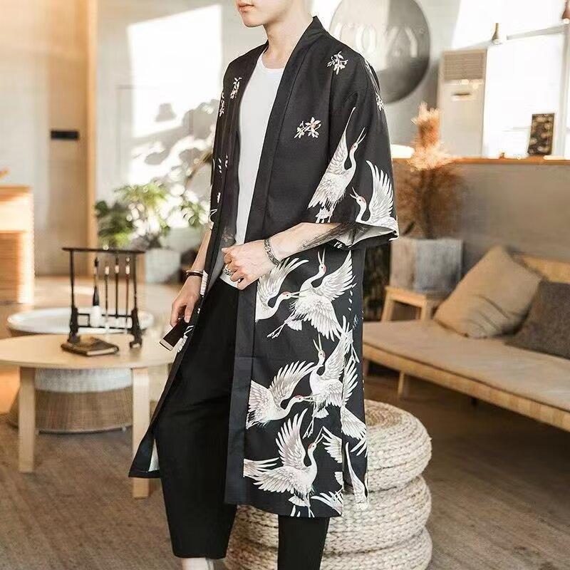 Men's Summer Jacket: Medium/Long Shirt, Loose Large Size Cardigan, Sun Protection, Chinese Style Crane Robe Cape