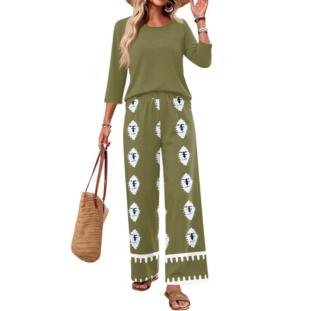 Women's Casual Fashion Round Neck Loose Fit Printed Three Quarter Sleeve Top with Wide Leg Pants Set Comfortable Two Piece Outfit