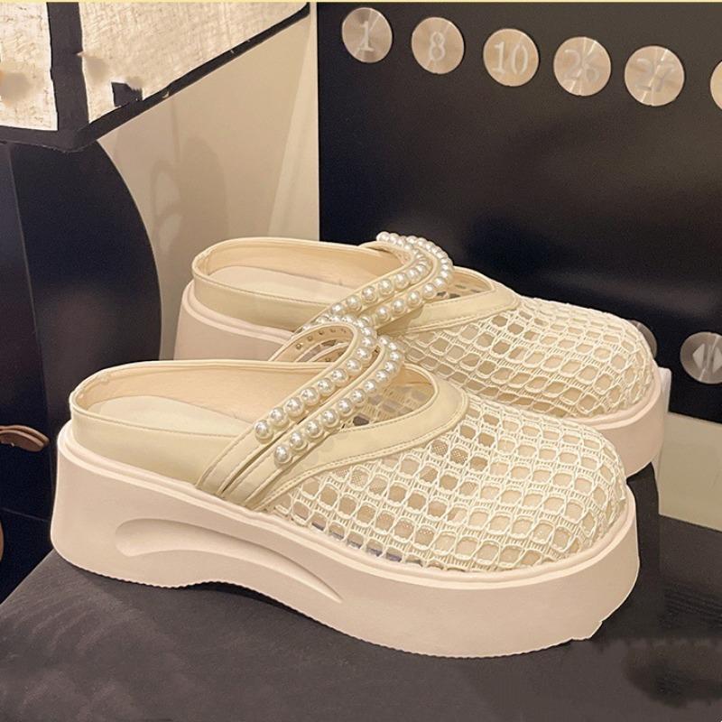 

Summer fashion hole sandals light thick-soled bag head half slippers heightened breathable hollow mesh shoes 40