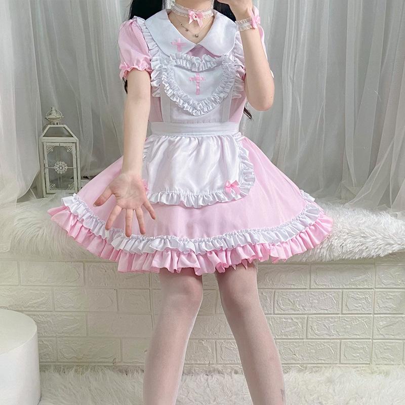Japanese Classic Anime Maid Dress Cross Nurse Cosplay Maid Restaurant Uniform Pink White Dress Woman