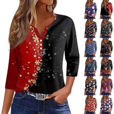 Damska koszulka z nadrukiem świątecznym, guzikami, rękawami 3/4, codziennym weekendowym, modą, podstawowym dekoltem w serek, regularnym topem