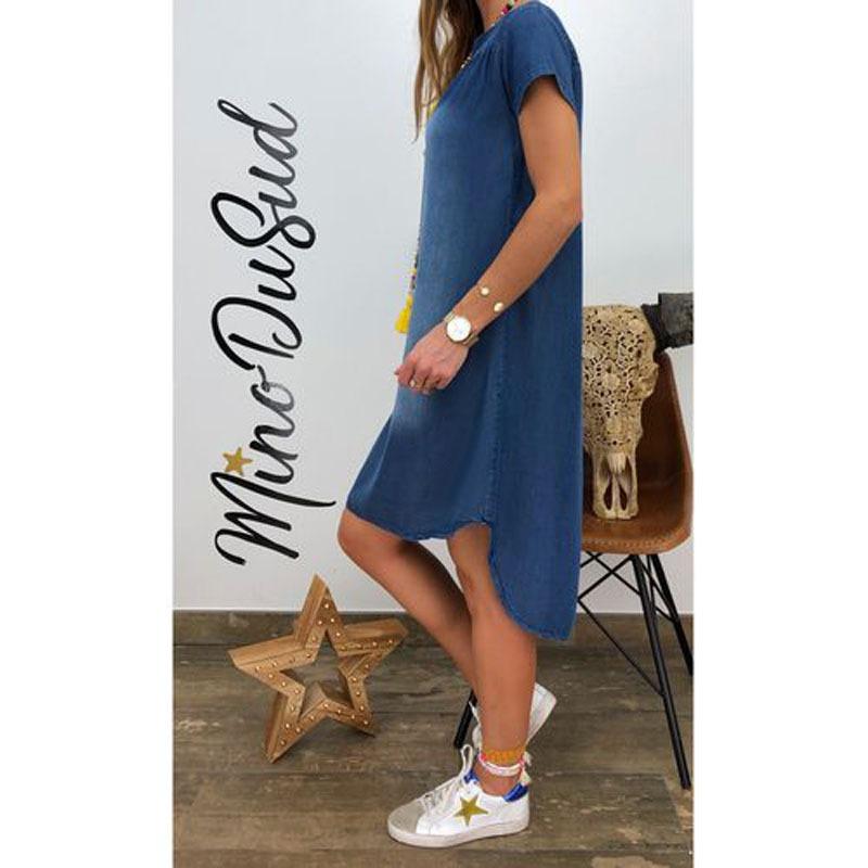 Ladies' Casual and Solid Color V-neck Short Sleeved Denim Dress