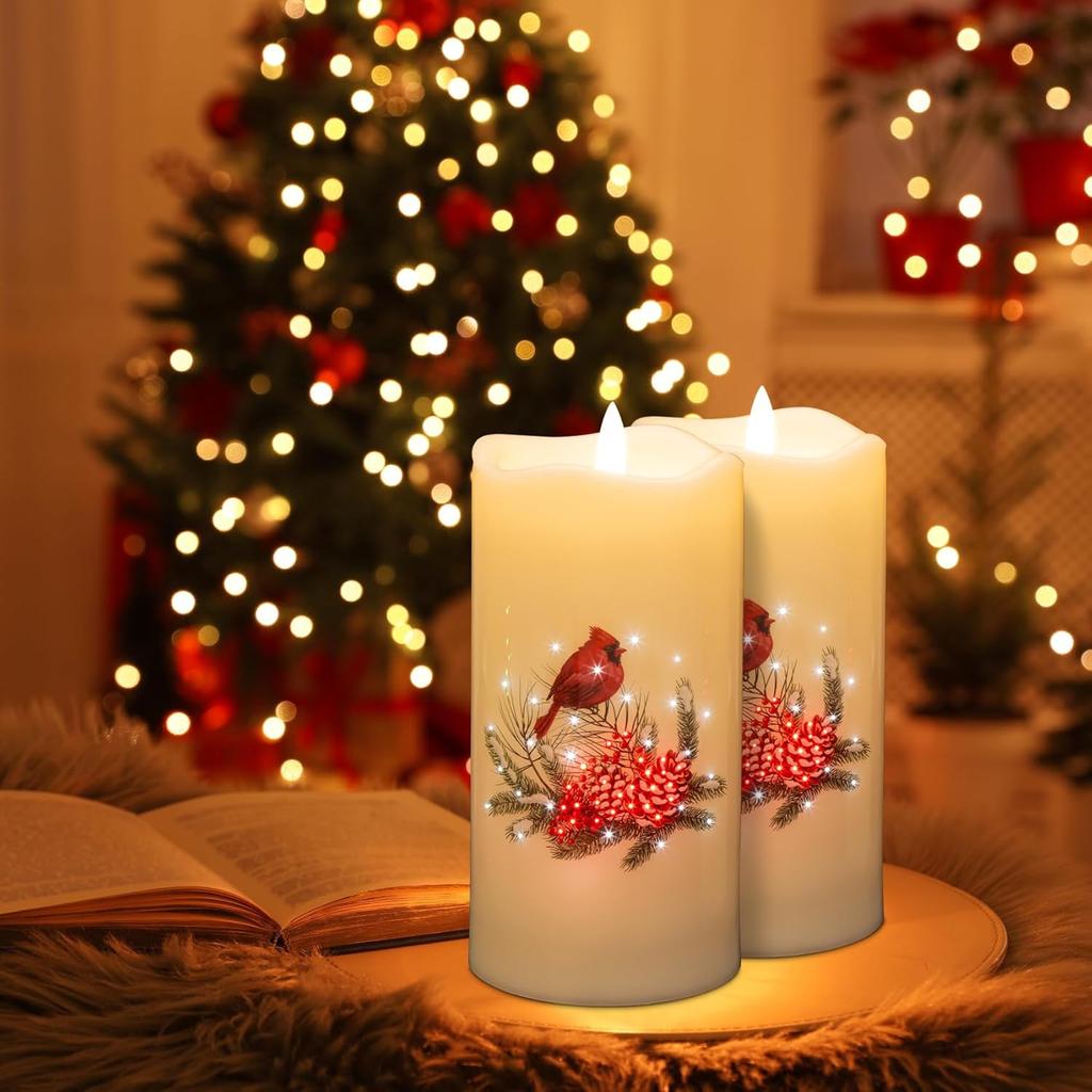 Eywamage Fiber Optic Flameless Candles with Remote, Cardinal Gingerbread Candy Canes Candles Flickering LED Pillar Candles Set of 3