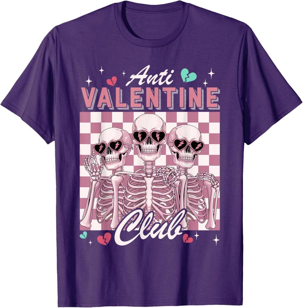 Anti-Valentinstag-Club-Skelett-Grafik-T-Shirt, lustiges Single-Day-Freizeit-Rundhals-T-Shirt für Männer und Frauen