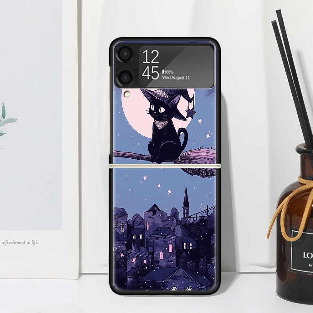 Witch And Cat Colorful Cute Phone Case For Samsung Galaxy Z Flip 7 Flip7 Zflip 6 Flip6 5 Flip5 4 Flip4 3 Flip3 5G Fundas Black C