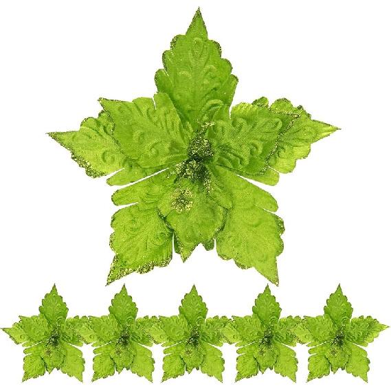 11'' Wide Glittery Christmas Poinsettia Flowers, 6pcs Velvet Poinsettia Flower Picks Glitter Poinsettia Christmas Tree Ornaments, Artificial Flower