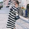 Spring and Autumn New Black and White Striped Long Sleeve Dress Loose Casual Skinny Split Knee Long T-Shirt Skirt Children