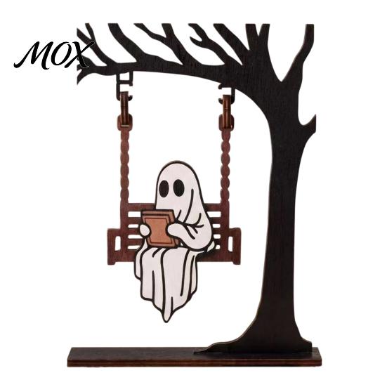 Sturdy Reusable Holiday Decoration Halloween Ghost on A Swing Reading Figurine, Spooky Wooden Centerpiece Decorative with Cup for Home Nook Bookshelf