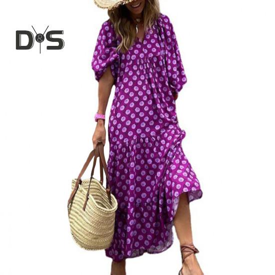 Women V Neck 3/4 Puff Sleeves Maxi Dress Bohemia Floral Print Stitching Flow Hem Loose Fit Beach Long Dress Casual Sundress