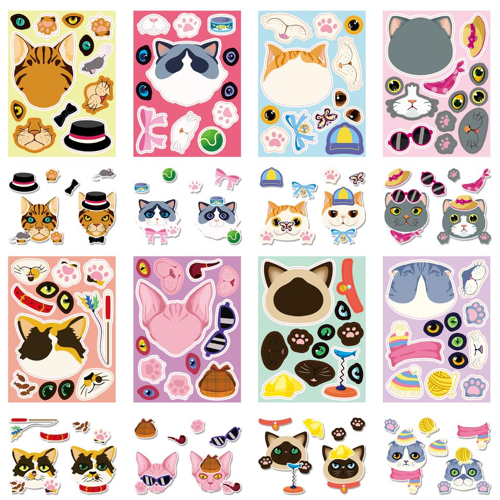 8 Pictures/set of Cat Face Changing Graffiti Stickers Cartoon Cute Make A Face Puzzle DIY Puzzle Stickers