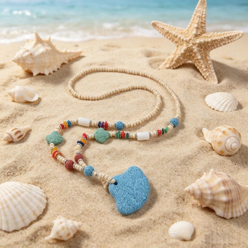 Colorful Volcanic Rock Necklace Adjustable Starfish Clavicle Chain Summer Wear