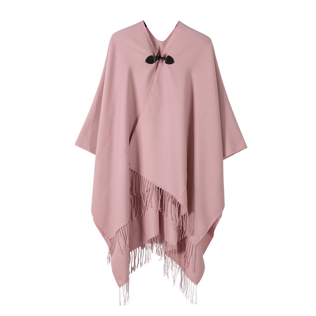 Women’s V‑Neck Knitted Poncho Cape with Toggle Buckle – Mid‑Length Autumn Winter Fringe Shawl Cardigan