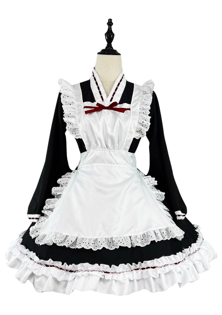 YZZYQQ Cute Maid Costume, Cosplay Set, Women's, Cute Cosplay Dress, Japanese-Style Maid Outfit, Long Sleeves, Chinese Style, Black, Size XL