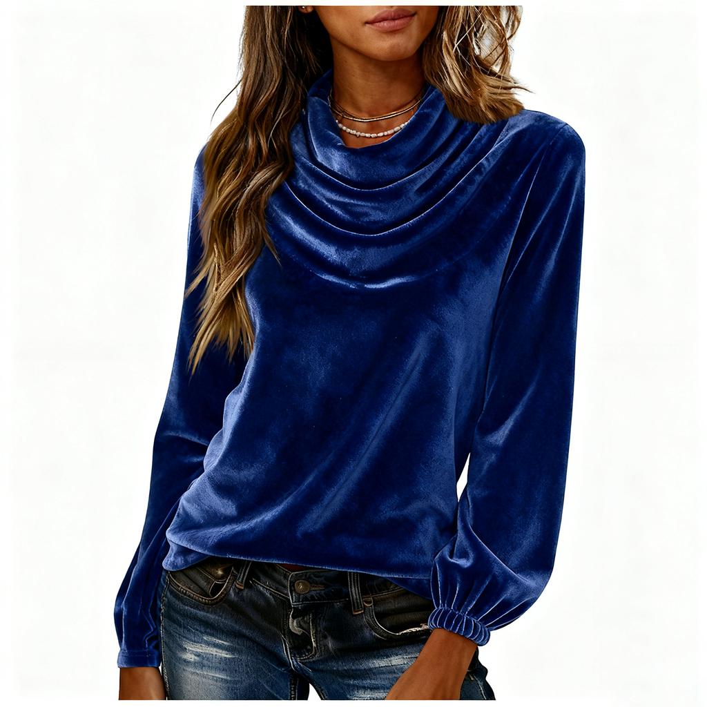Women's Fashionable Color Round Neck Long Sleeved Gold Velvet Pullover T-shirt Top