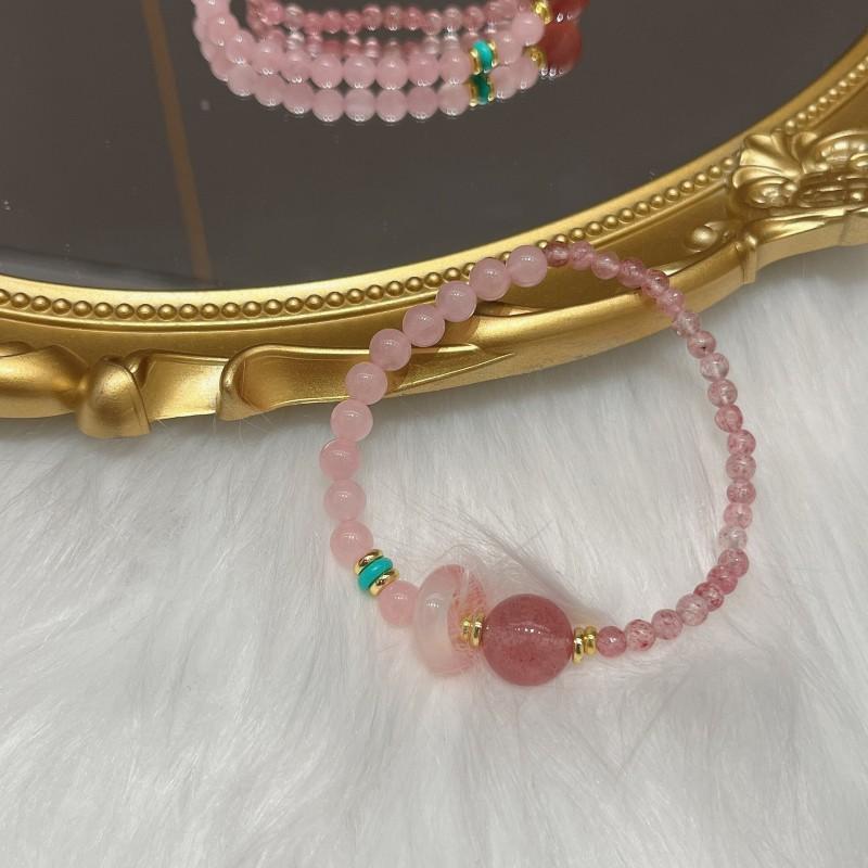 Natural Pink Quartz Bracelet Double Layer Stackable Strawberry Crystal Beaded Wrap Bangle Women