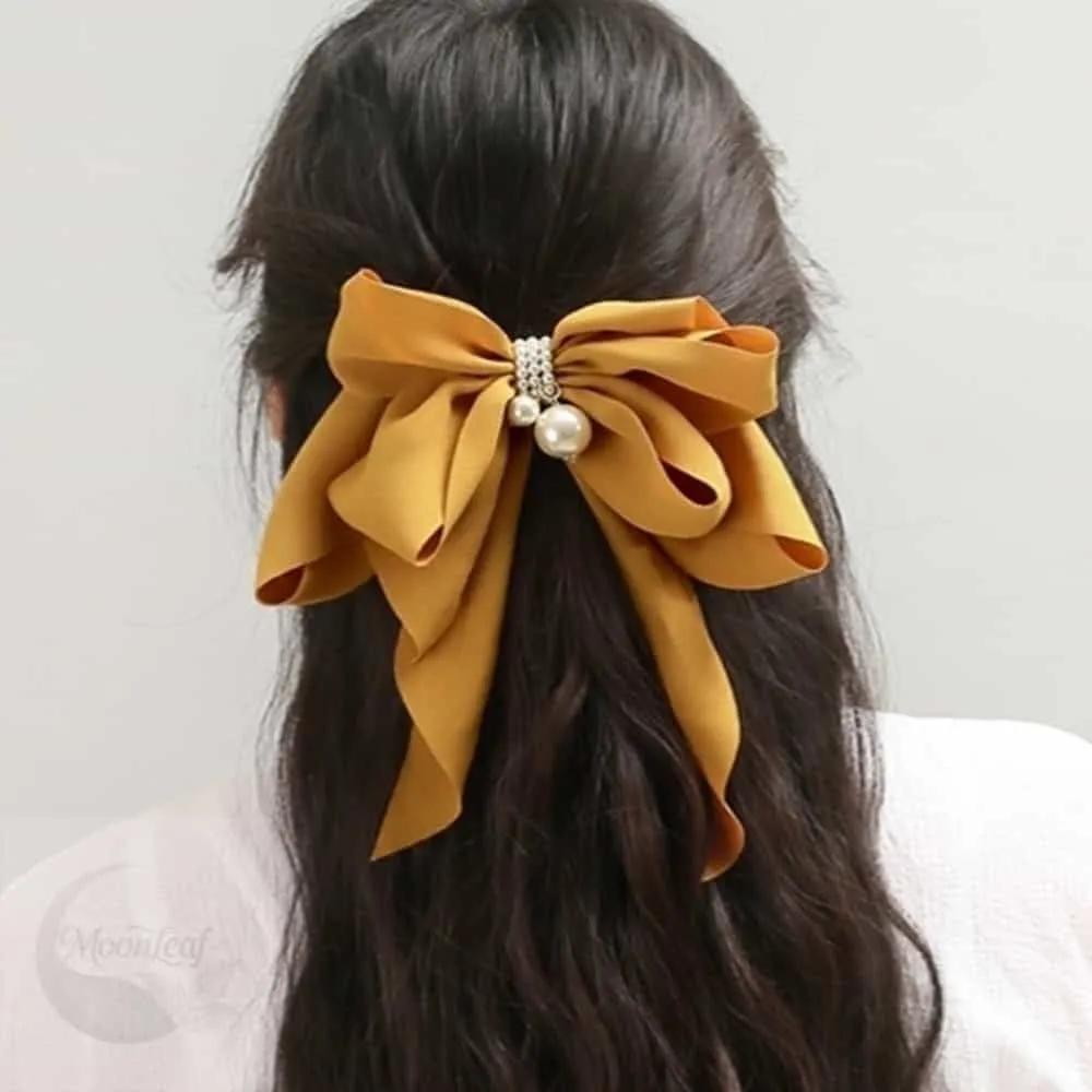 MLSTORE Butterfly Pearl Yellow Automatic Hairpin Ponytail Ribbon Pin Hair Accessory