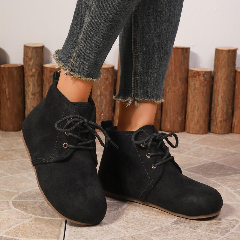 Herbst Neue Flache Baumwollstiefel Damen Runde Zehen Wildleder Schnürung Wollig Warm Rutschfest Verschleißfest Stiefeletten
