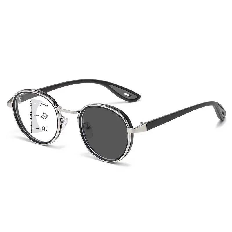 Retro Color Changing Multifocal Reading Glasses Men Women Trendy Outdoor Photochromic Eyewear Unisex Round Frame Eyeglasses