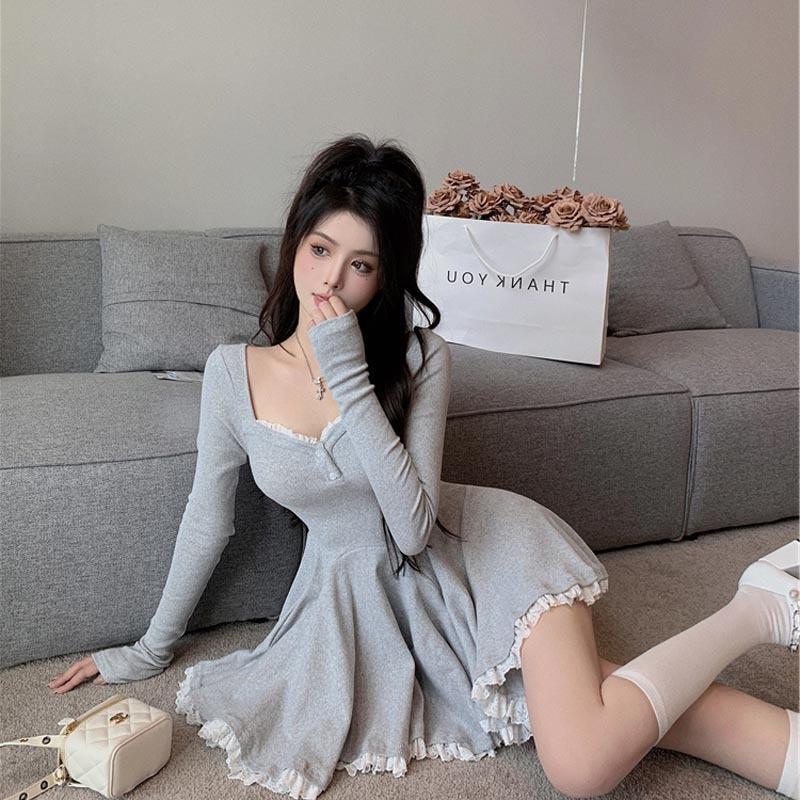 Ballet Gray Ruffle Edge Long-sleeved Dress for Women's Autumn and Summer New Spice Girl Large Size Pure Desire Pleated A-word Short Skirt