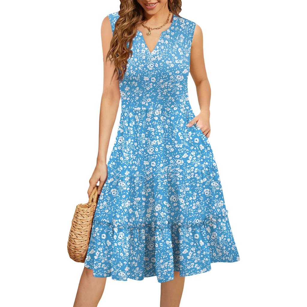 Dámské letní ležérní plisované šaty s volánky ve vintage květinovém stylu s výstřihem do V a bez rukávů