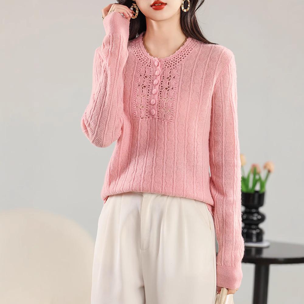 2024 Autumn/Winter Women's Wool Half-Zip Round Neck Jacquard Knit Hollow Loose Sweater