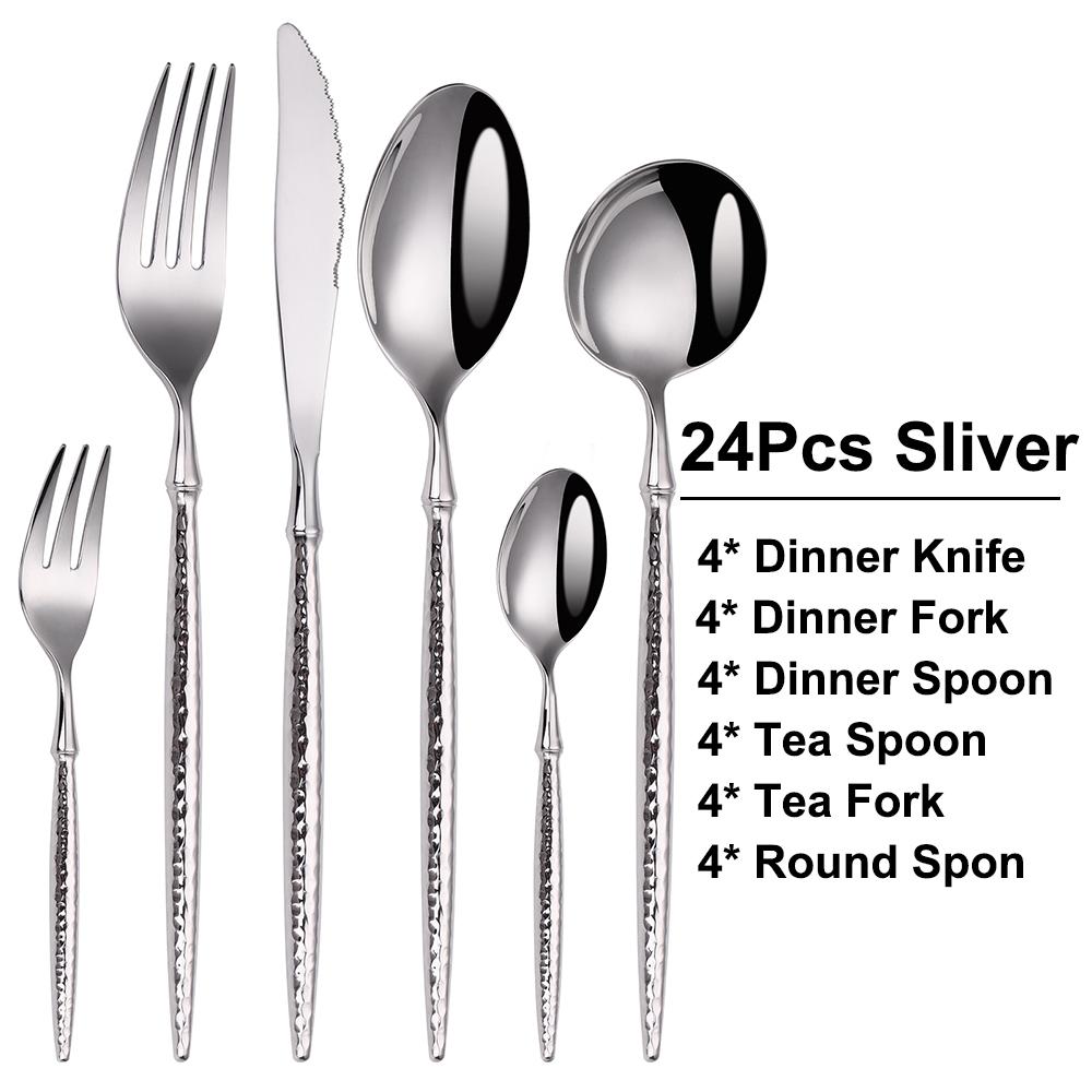 6/16/20/24Pcs Sliver Stainless Steel 304 Cutlery Set Sliver Tableware Western Hammer Pattern Handle Dinner Set Knife Fork Spoon