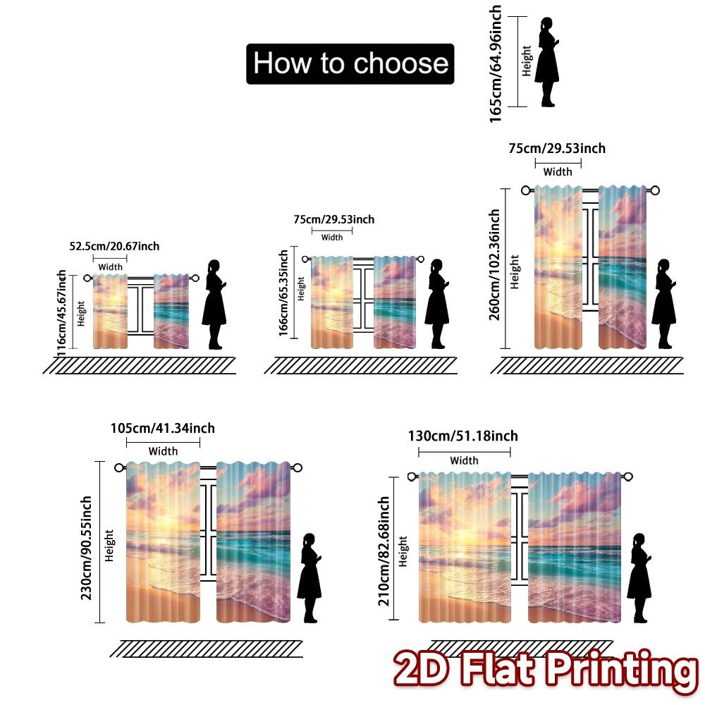 2pcs, 2D FLAT PRINTING Curtains (Without Rod) Ocean Sunrise(1) Popular Curtain Polyester Curtains Outdoor Decorations for